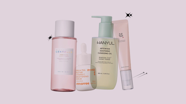 Image contains a collage of Korean skin care for mature skin