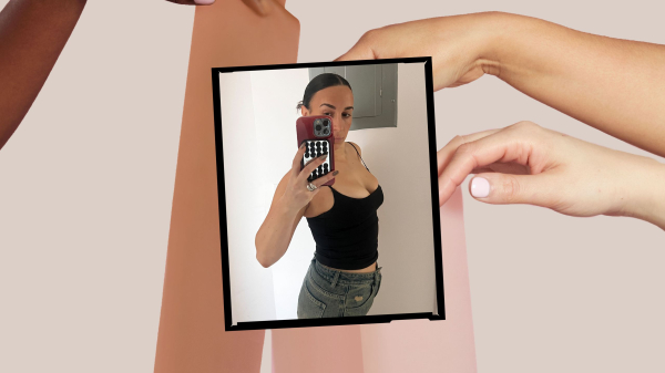A photo of an Allure editor wearing Cakes Boob Tape underneath a lowcut black tank top with different shades of the boob...