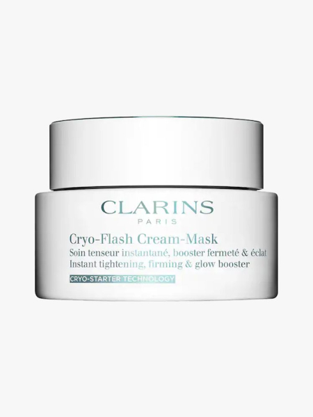 Clarins Cryo-Flash Cream Mask in branded tub component on a light gray background
